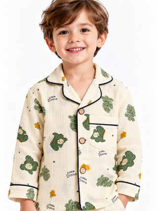 Boys Green Dinosaur Print Muslin Cotton Nightwear Set