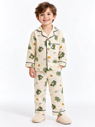 Boys Green Dinosaur Print Muslin Cotton Nightwear Set