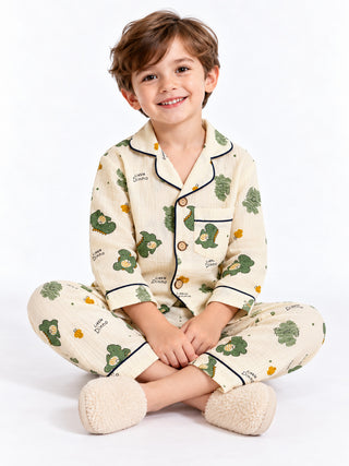Boys Green Dinosaur Print Muslin Cotton Nightwear Set