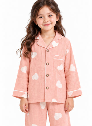 Girls Pink Heart Print Muslin Cotton Nightwear Set