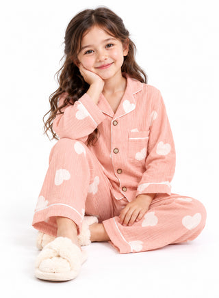 Girls Pink Heart Print Muslin Cotton Nightwear Set