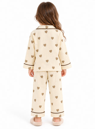 Girls Beige Heart Print Muslin Cotton Nightwear Set