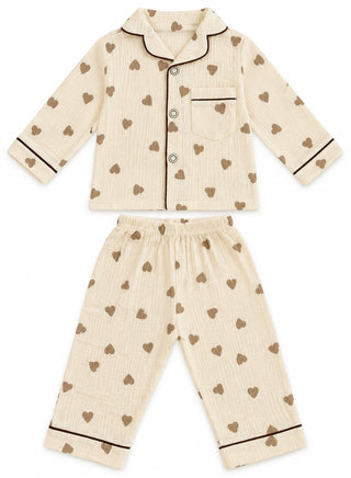 Girls Beige Heart Print Muslin Cotton Nightwear Set