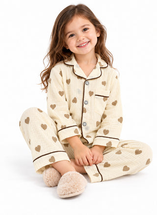 Girls Beige Heart Print Muslin Cotton Nightwear Set