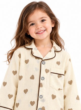 Girls Beige Heart Print Muslin Cotton Nightwear Set