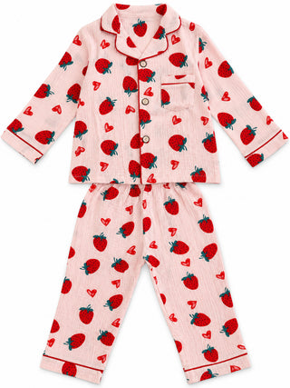 Girls Pink Strawberry Print Muslin Cotton Nightwear Set