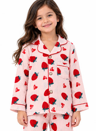 Girls Pink Strawberry Print Muslin Cotton Nightwear Set