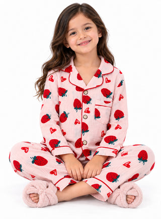 Girl wearing a pastel pink strawberry print pajama set with red strawberries, small hearts, red piping, full-sleeve shirt and matching pants.
