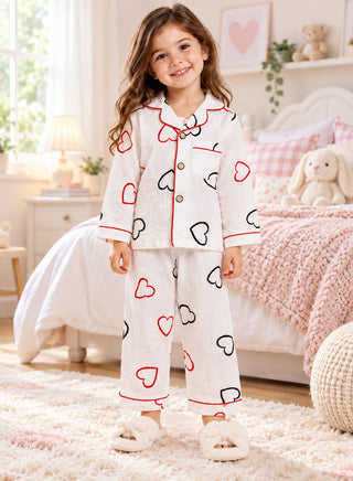Girl wearing a white pajama set with red and black heart outline prints, red contrast piping, button-down full-sleeve shirt and matching pants.
