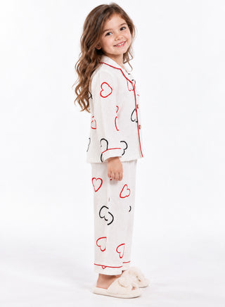 Girls White Heart Print Muslin Cotton Nightwear Set