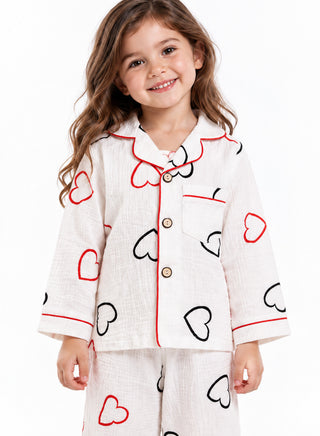 Girls White Heart Print Muslin Cotton Nightwear Set