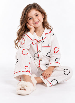 Girls White Heart Print Muslin Cotton Nightwear Set