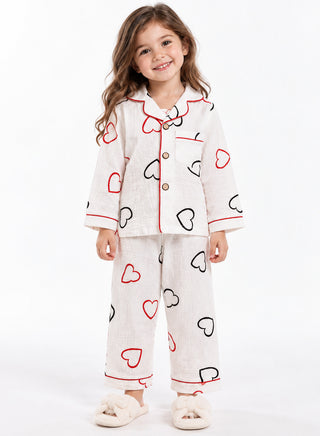 Girls White Heart Print Muslin Cotton Nightwear Set