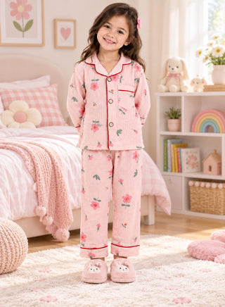 Girl wearing a pastel pink floral print pajama set with pink flowers, green leaves, red piping, button-down shirt and matching full-length pants.