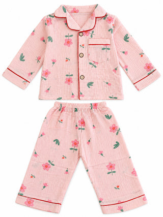 Girls Pink Floral Print Muslin Cotton Nightwear Set