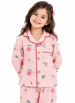 Girls Pink Floral Print Muslin Cotton Nightwear Set