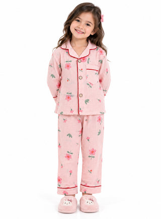 Girls Pink Floral Print Muslin Cotton Nightwear Set