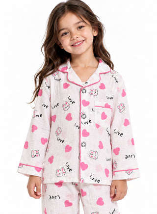 Girls Pink Bunny Print Muslin Cotton Nightwear Set