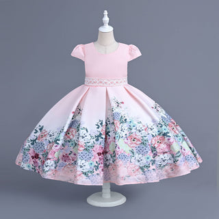Pink party dress with multicolor flower prints with lace and pearl waist belt