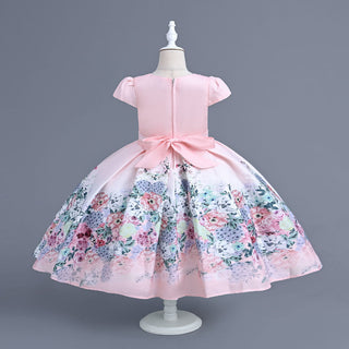 Pink party dress with multicolor flower prints with lace and pearl waist belt