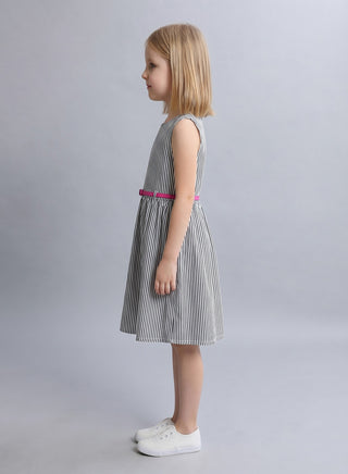 Girls Black White Striped Belted Summer Dress