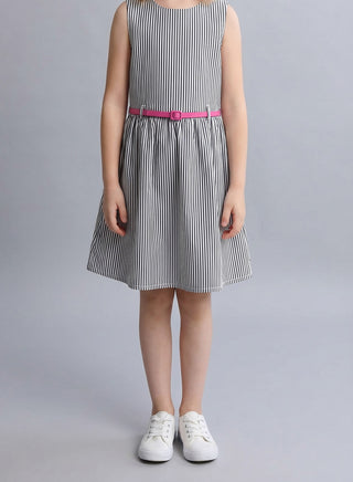 Girls Black White Striped Belted Summer Dress