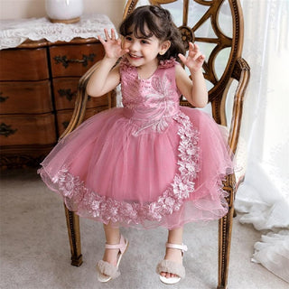 Applique and pearl work party knee length dress for girls