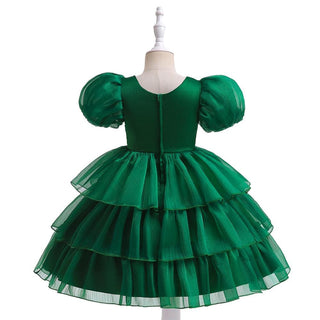 Babyqlo Balloon-sleeved green knee length dress with frilly plates for girls