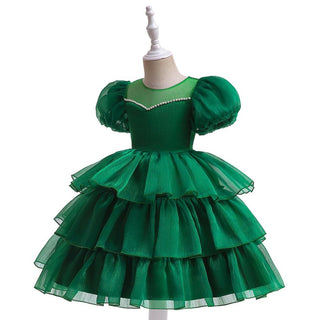Babyqlo Balloon-sleeved green knee length dress with frilly plates for girls