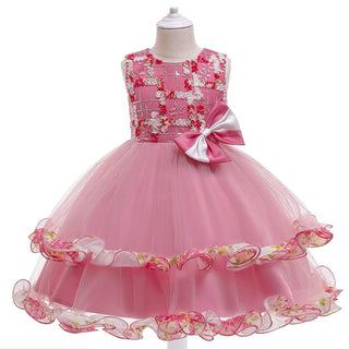 Applique and frill work party knee length pink dress for girls