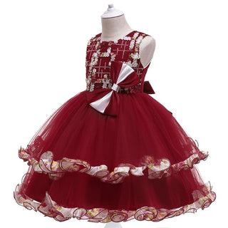 Applique and frill work party knee length red dress for girls
