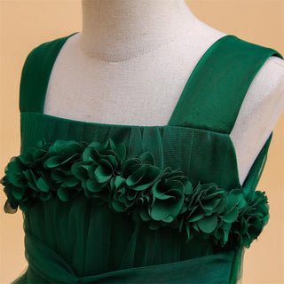 Babyqlo Appliques mesh sleeveless long green party dress for girls
