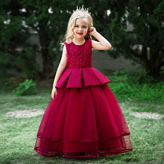 Babyqlo Mesh layered pearl pattern long party dress for girls