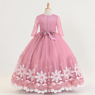 Appliques mesh lace pattern pink long party dress for girls