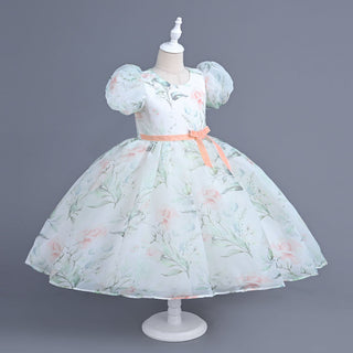 White Knee-Length Party Dress with Leaf and Flower Prints and Puffed Sleeves