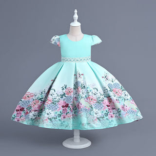 Green party dress with multicolor flower prints with lace and pearl waist belt