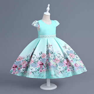 Green party dress with multicolor flower prints with lace and pearl waist belt