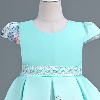 Green party dress with multicolor flower prints with lace and pearl waist belt