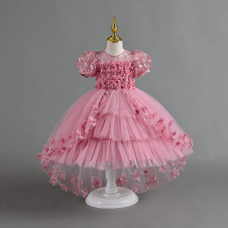 Ballon sleeves long tail pink party dress for girls