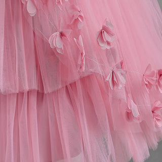 Ballon sleeves long tail pink party dress for girls