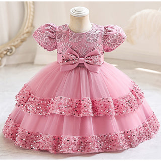 Lace pattern cute pink princess party dress for little princesses