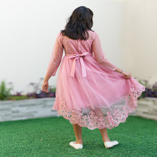 Long sleeves knee length pink party princess dress
