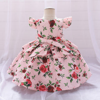 Rose printed cap sleeve party dress for little princess