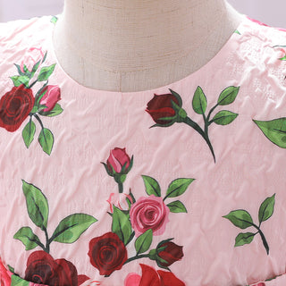 Rose printed cap sleeve party dress for little princess