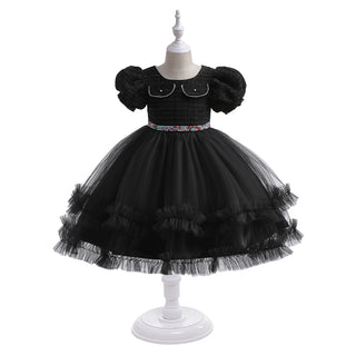 Black party dress with pearl belt for little girls