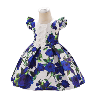 Blue Rose printed cap sleeve party dress for little princess