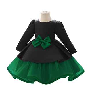 Bottle green long sleeve party dress with bow for girls