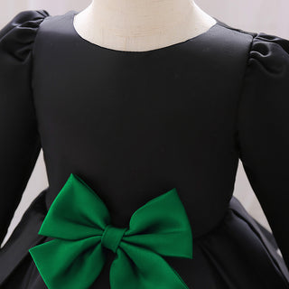 Bottle green long sleeve party dress with bow for girls