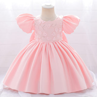 Flower and leafs embroidery party dress with bow