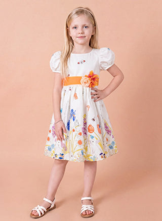Girls White Floral Party Dress with Puff Sleeves and Bow Belt